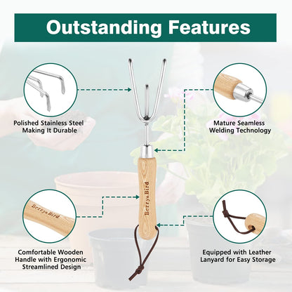 Garden Tools Lighter Hand Cultivator with Wooden Handle Stainless Steel Handheld Triple Claw Hand Rake
