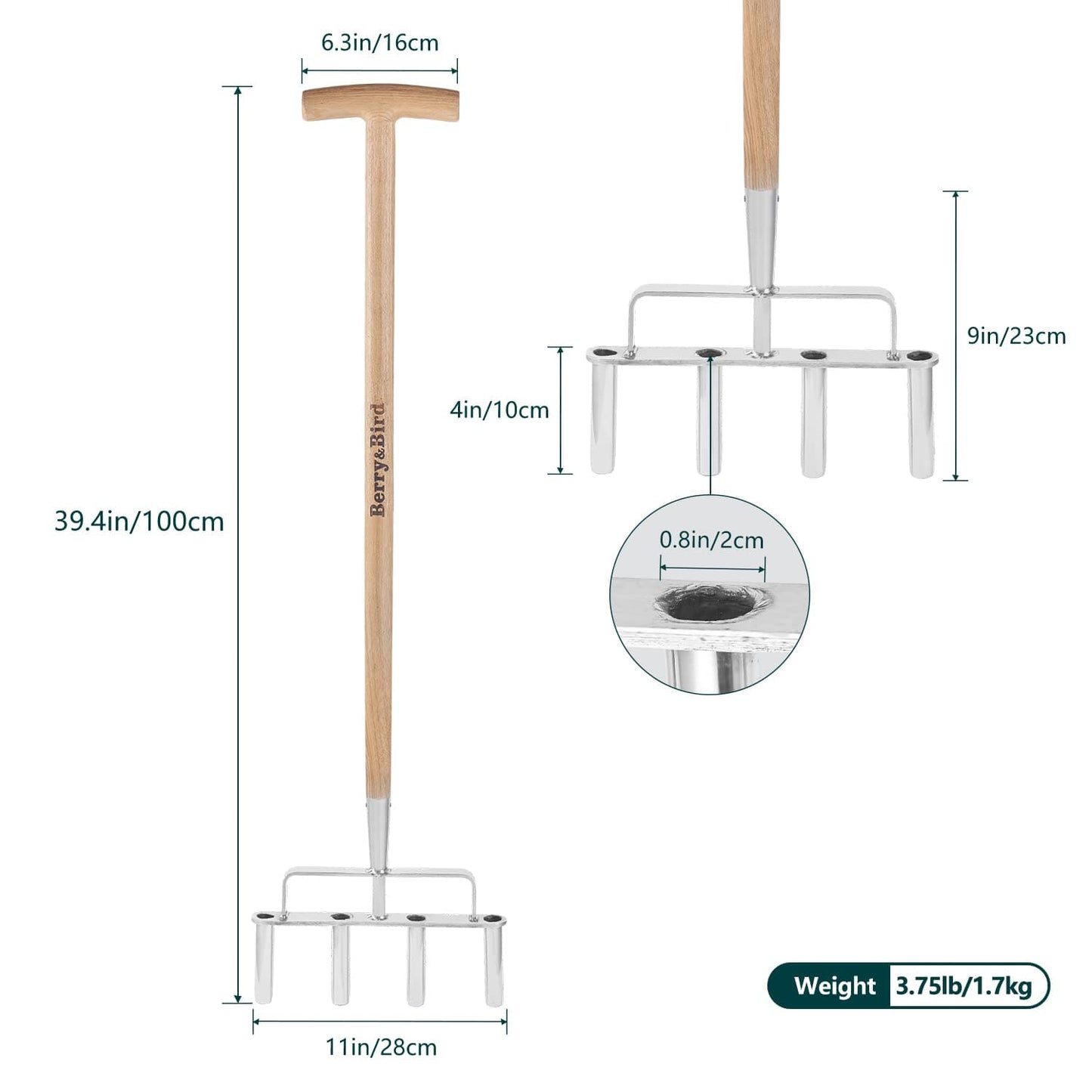 Garden Tools Lawn Coring Aerator Tool 40 inch 4 Core Plug with Wooden Handle