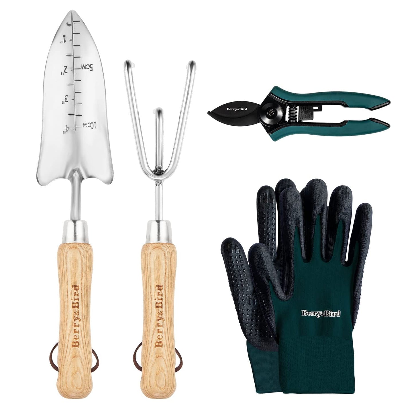 Garden Tool Set 4 PCS Stainless Steel Gardening Tool Kit (Wooden Handle Trowel & Rake, Garden Shears, Gloves)